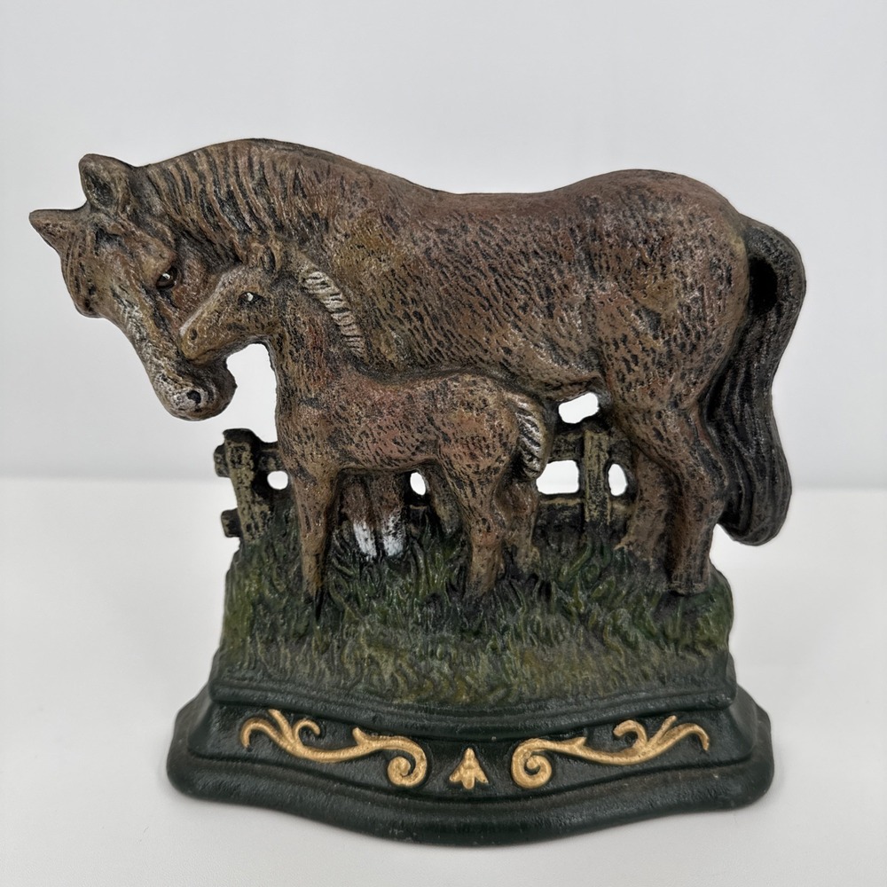 Wright Studios CAST IRON Painted Horse & Foal DOORSTOP Vintage 1950s